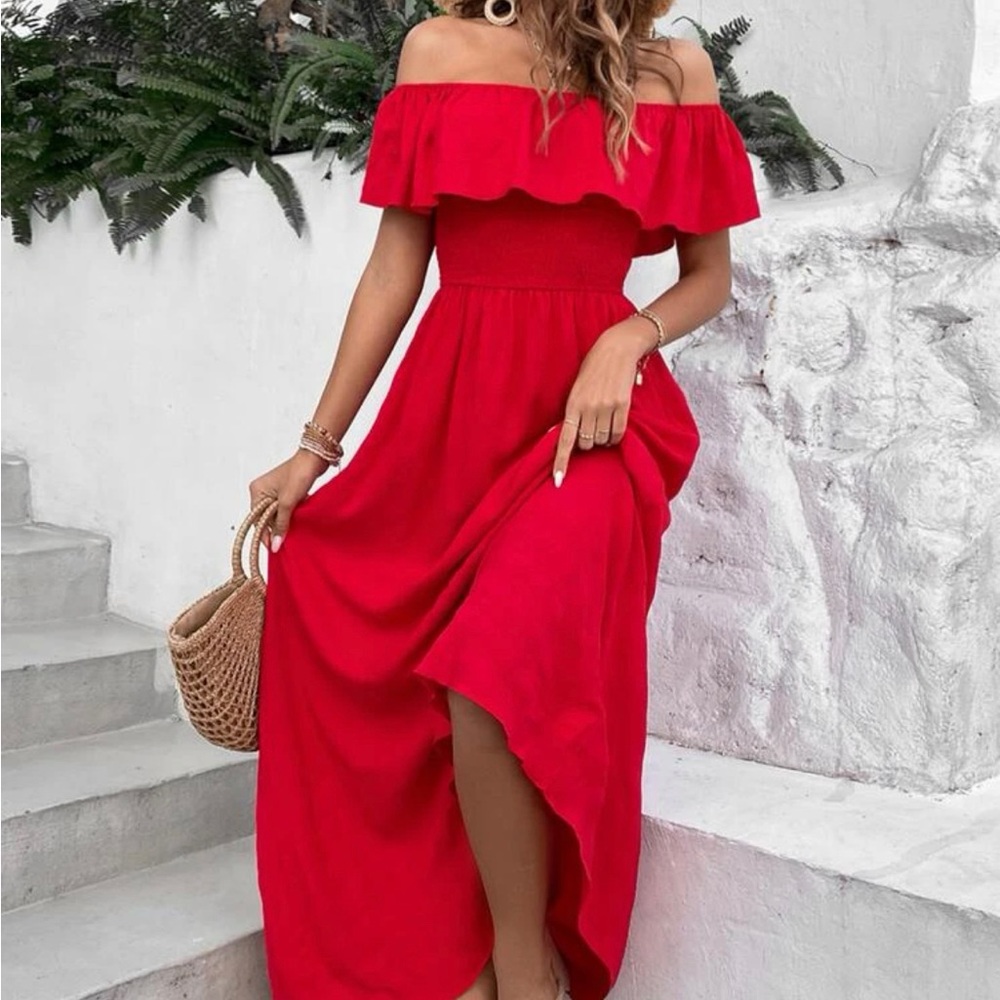 Off Shoulder Ruffle Trim Dress - Picture 1 of 4